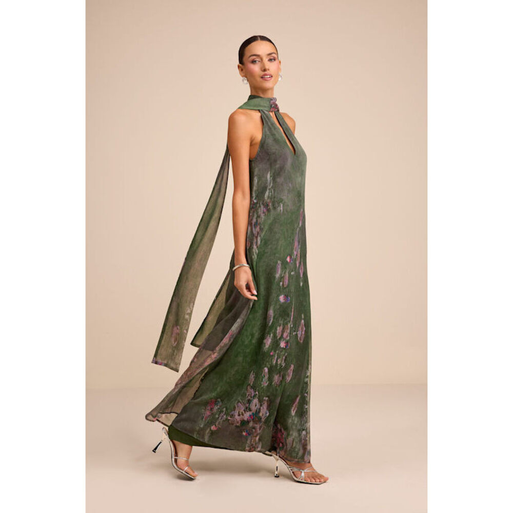 Lulus Calixta Green Abstract Chiffon Sash Shift Maxi Dress - Size M